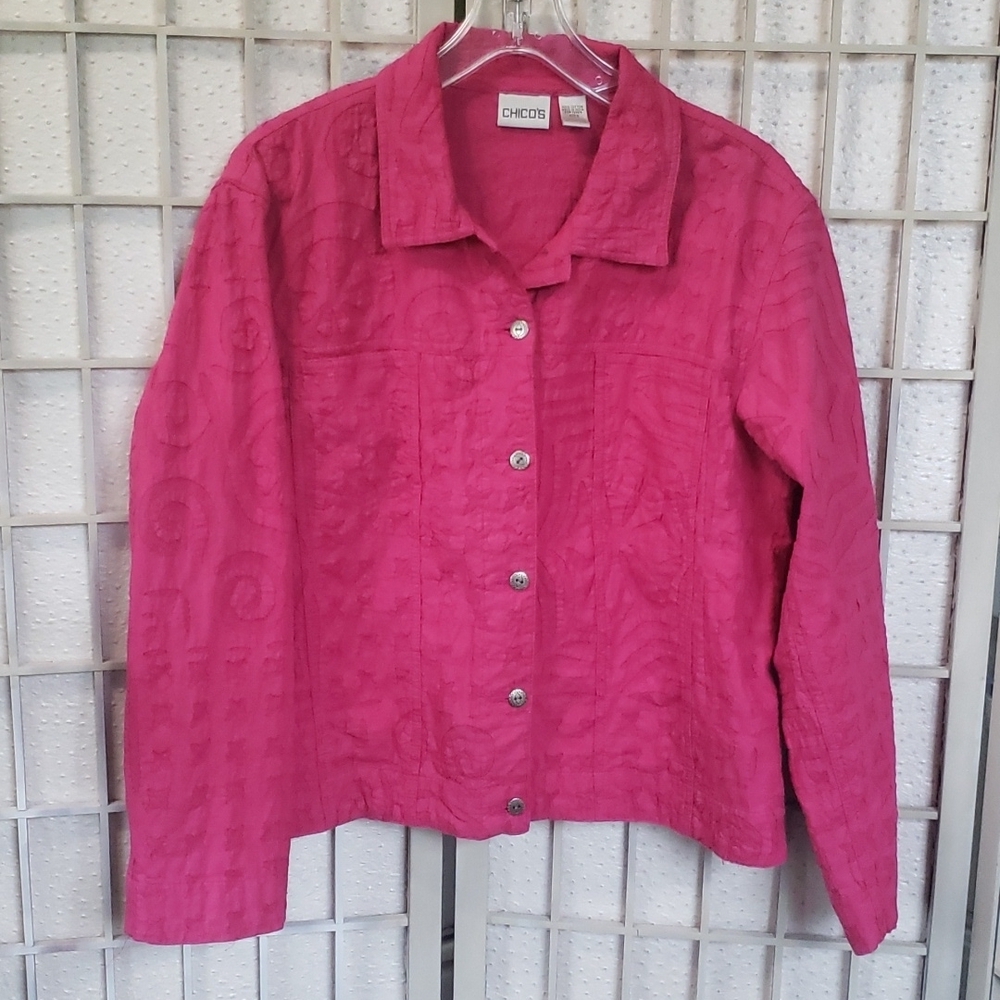 Chicos Hot Pink Button Down Textured Jacket Size 2